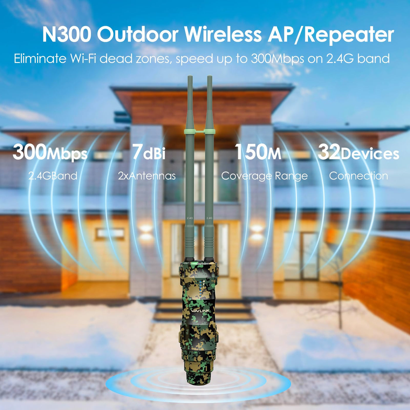 WAVLINK N300 Outdoor WLAN Repeater Greenwood, wetterfester 300Mbit/s WLAN Access Point/Verstärker unterstützt Passive/Active PoE, AP/Router/Repeater Modi, 100Mbit/s WAN/LAN, WPA2, EU-Netzteil