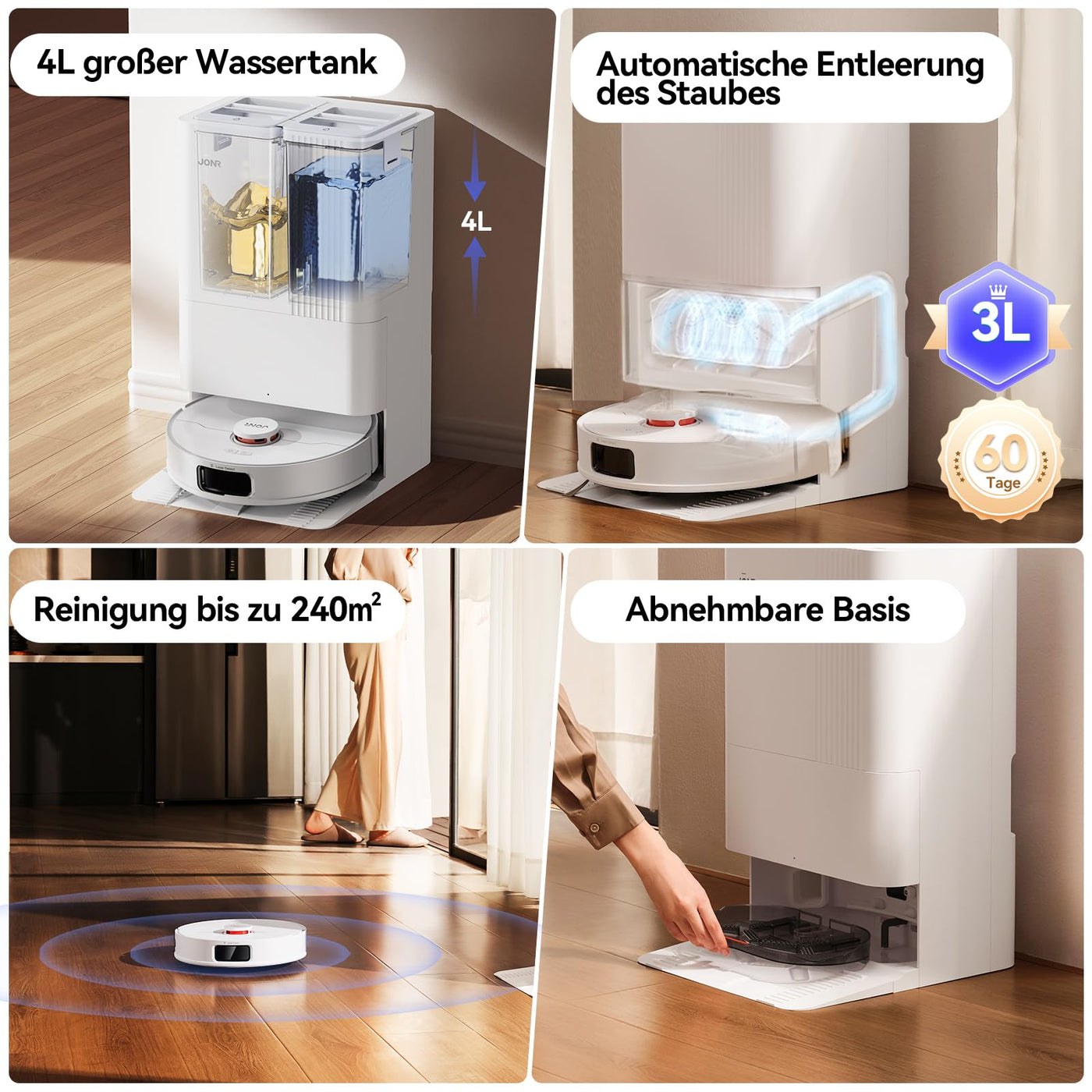 JONR P20 Pro Saugroboter mit Wischfunktion und Hubmop, 8000Pa All-in-One Reinigungsstation, Hindernisvermeidung, Adaptive Kantenreinigung, Heißlufttrocknung