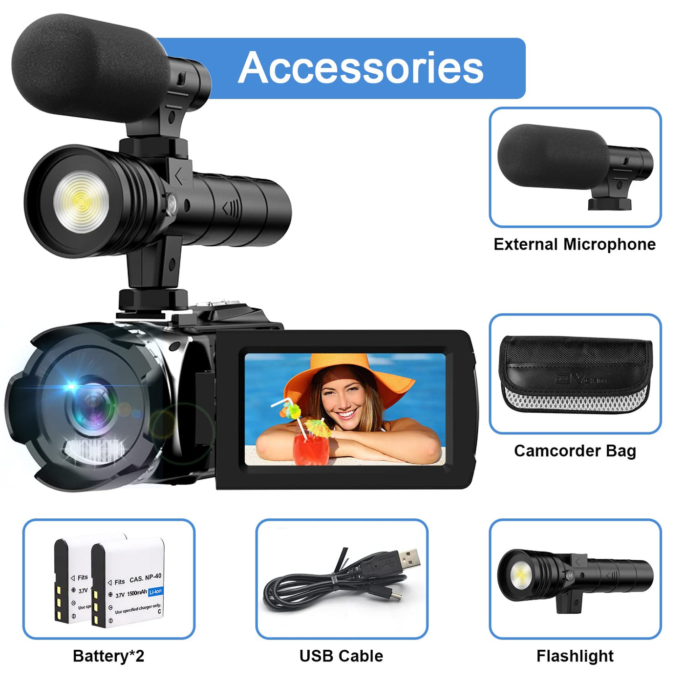 Hojocojo 4K Videokamera Camcorder UHD 48MP IR Nachtversion Vlogging Kamera,60 FPS 24X Digital Zoom 3" LCD-Bildschirm YouTube Camera mit Mikrofon,2 Batterien