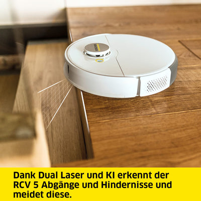 Kärcher Saugroboter RCV 5 mit Wischfunktion, App-Steuerung, LiDAR-Laser-Navigation, Dual-Laser und KI, Kartierung, Raum- und Hinderniserkennung, 5000 Pa, 120 min Laufzeit, für Hartböden und Teppiche