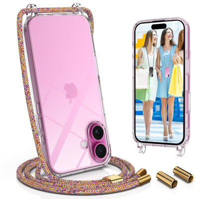 UYMO Handykette Hülle mit Band Für iPhone 16, Necklace Transparent Handyhülle Case mit Schnur Abnehmbar, Schutzhülle zum Umhängen Kordel, Regenbogen