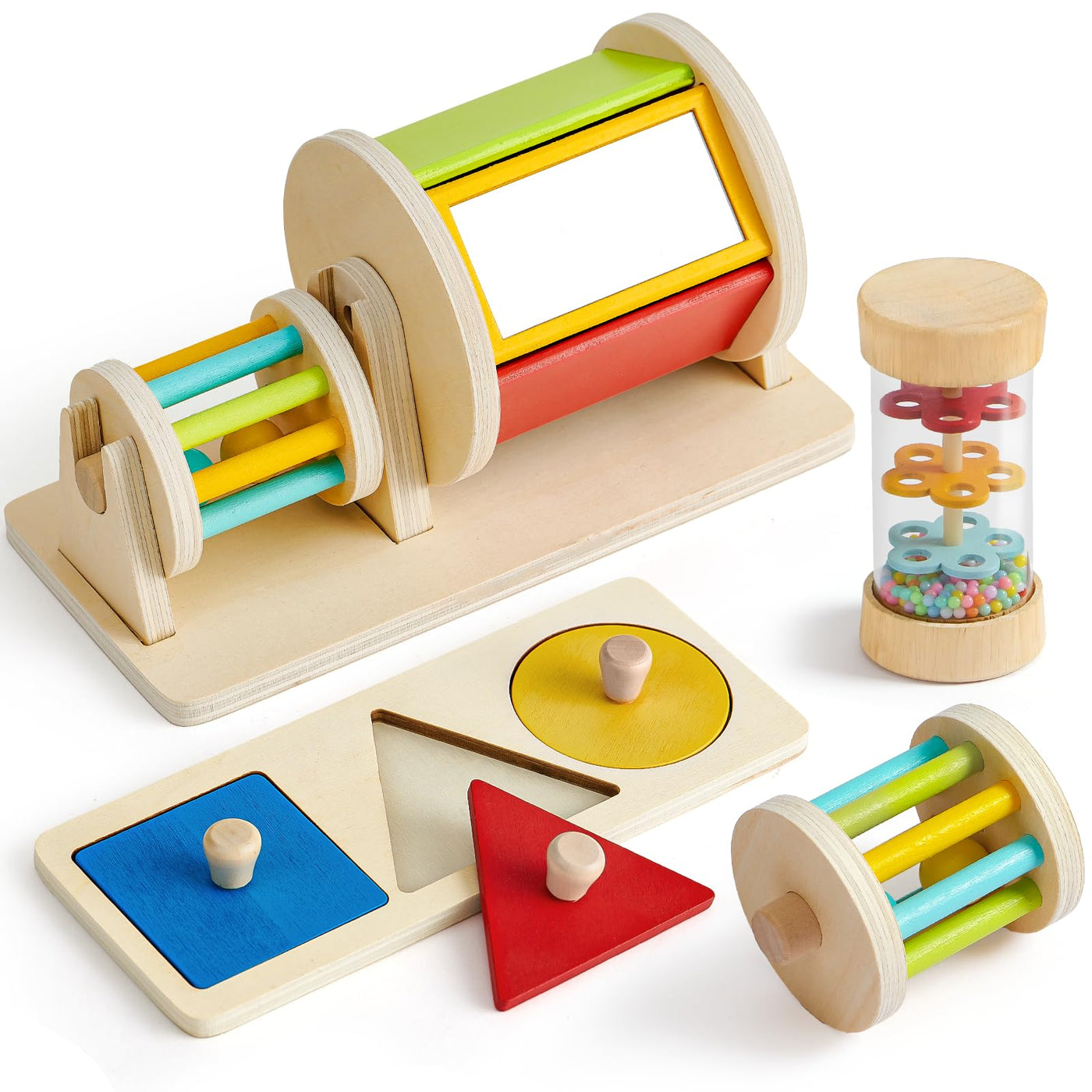 Atoylink Montessori Baby Spielzeug ab 0 3 6 9 Monate, Sensorik Spielzeug mit Spinning Drum & Regenmacher Baby & Steckpuzzle, Holzspielzeug Motorikspielzeug Babyspielzeug Geschenk 1 Jahr
