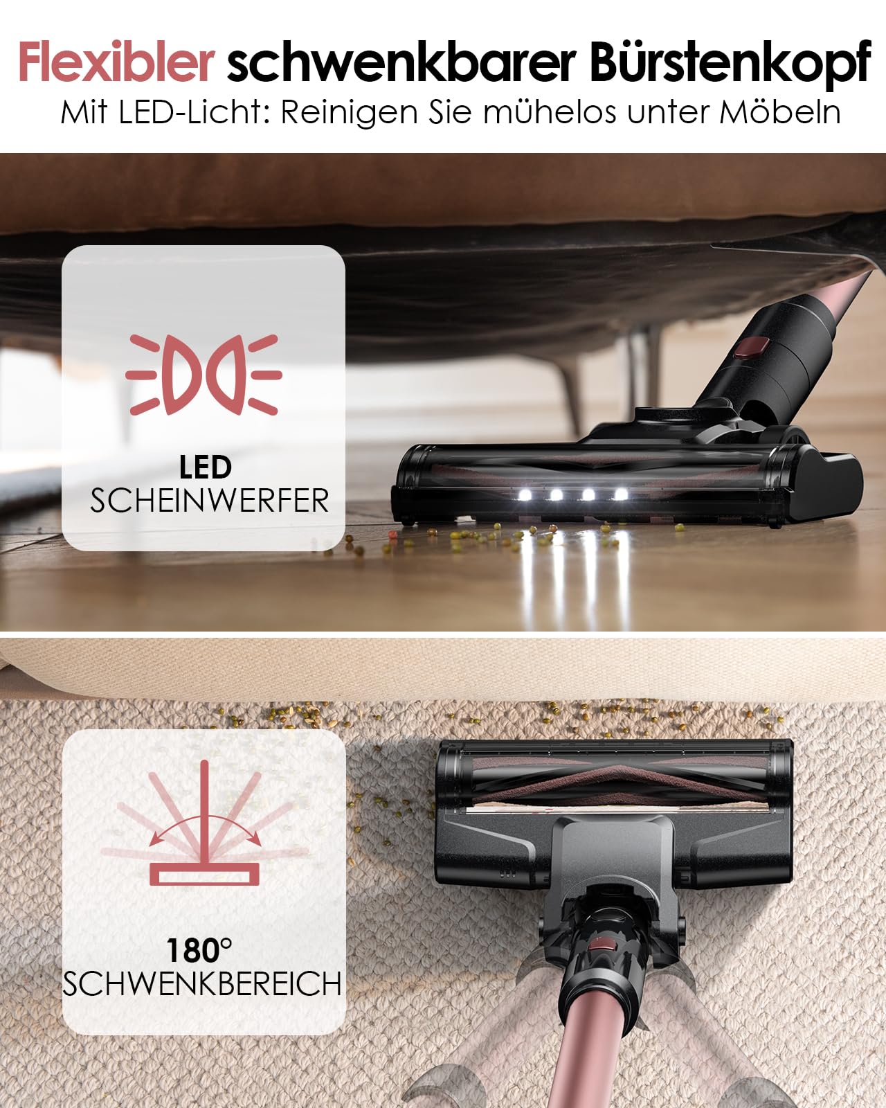 Vexilar Akku Staubsauger 45000Pa/ 50Mins/ 450W, 6-in-1 Staubsauger Kabellos Selbststehend, Akkustaubsauger mit LED Touchscreen, Klein und Leicht für Hartböden Teppiche Tierhaare
