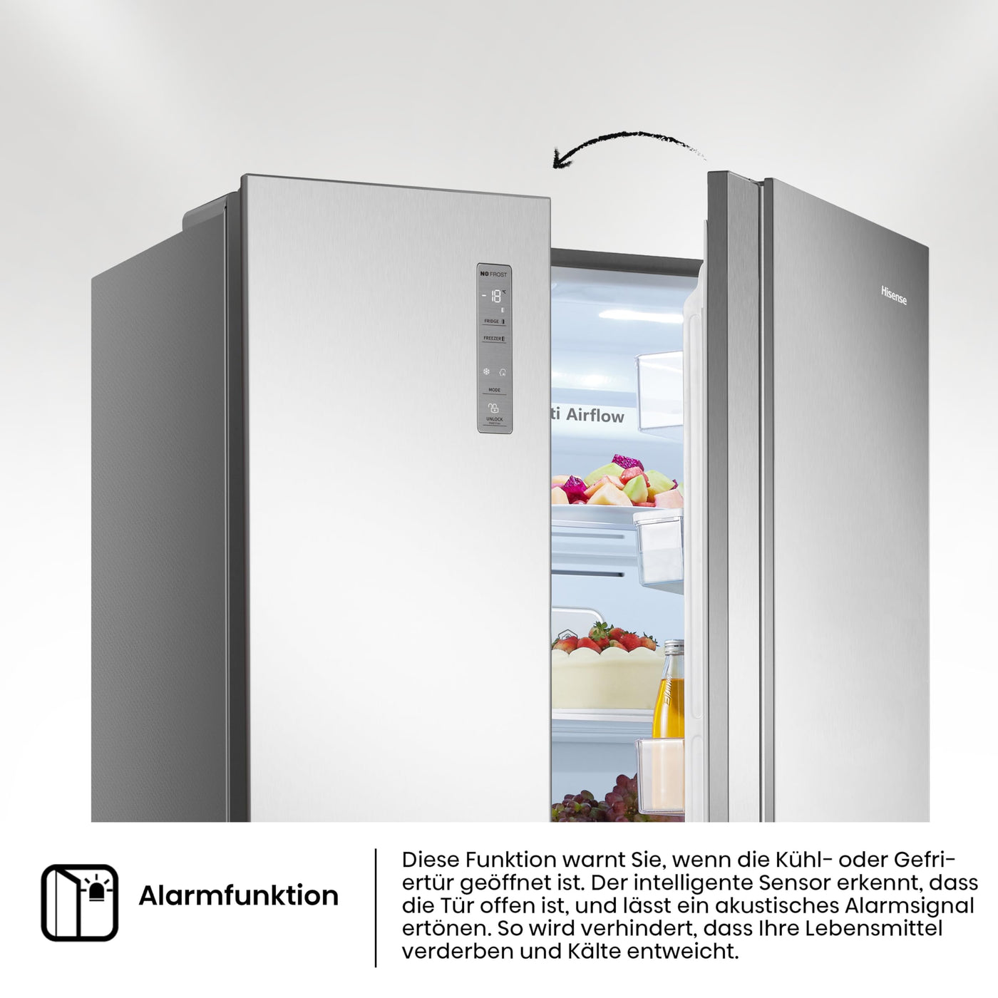 Hisense RS677N4ACC Side by Side Kühl-Gefrierkombination, 179cm, 519 Liter Gesamtkapazität, Multi Air Flow, LED Display, EEK: C, Electronic Touch Control, Inox Look