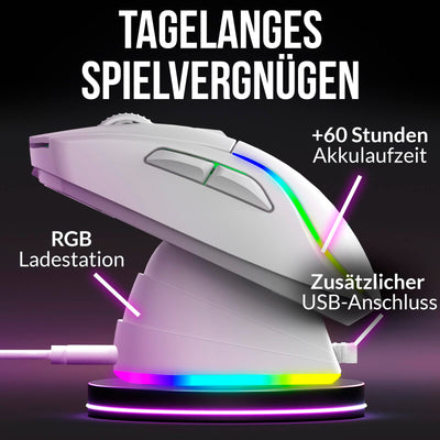 KLIM Blaze Y Wiederaufladbare kabellose Maus - NEU - Gaming Maus mit RGB und Ladestation - Hochpräziser Sensor und langlebiger Akku - Bis zu 6000 DPI - Kabel- und Wireless Mouse für PC - Weiß