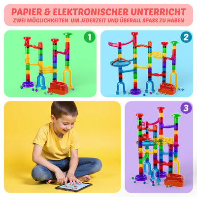 Murmelbahn Logikspiele Mehrfarbige kugelbahn 109 Stück transparent Bahnelementen und murmeln STEM Marble Rush Doppelspiel Spielzeug Geschenk für Kinder Jungen Mädchen ab 3-12 Jahre