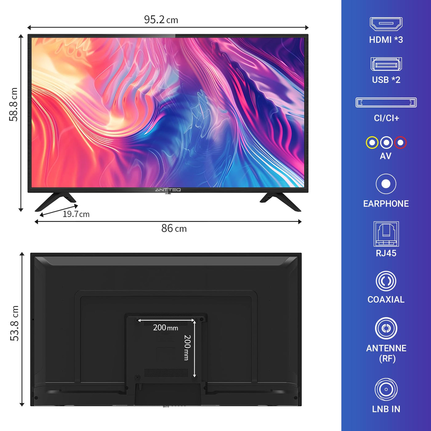 Antteq G42 Smart TV 42 Zoll Fernseher FHD 1080P, Voice Control,DAZN, Play Store,Bluetooth-Sprachfernbedienung,Netflix,Prime Video,Wi-Fi,Triple Tuner