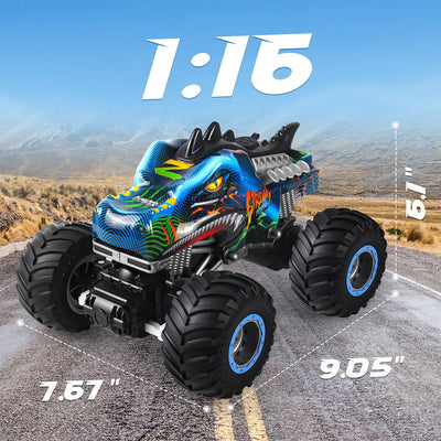Rhybor Ferngesteuertes Auto Dinosaurier 1:16 Maßstab RC Monster Truck Fernbedienung Auto mit Sprühnebel-Musik-LED-Leuchten, 2,4 GHz 20 km/h RC Auto Spielzeug für Kinder ab 3 4 5 6 8 10 Jahre
