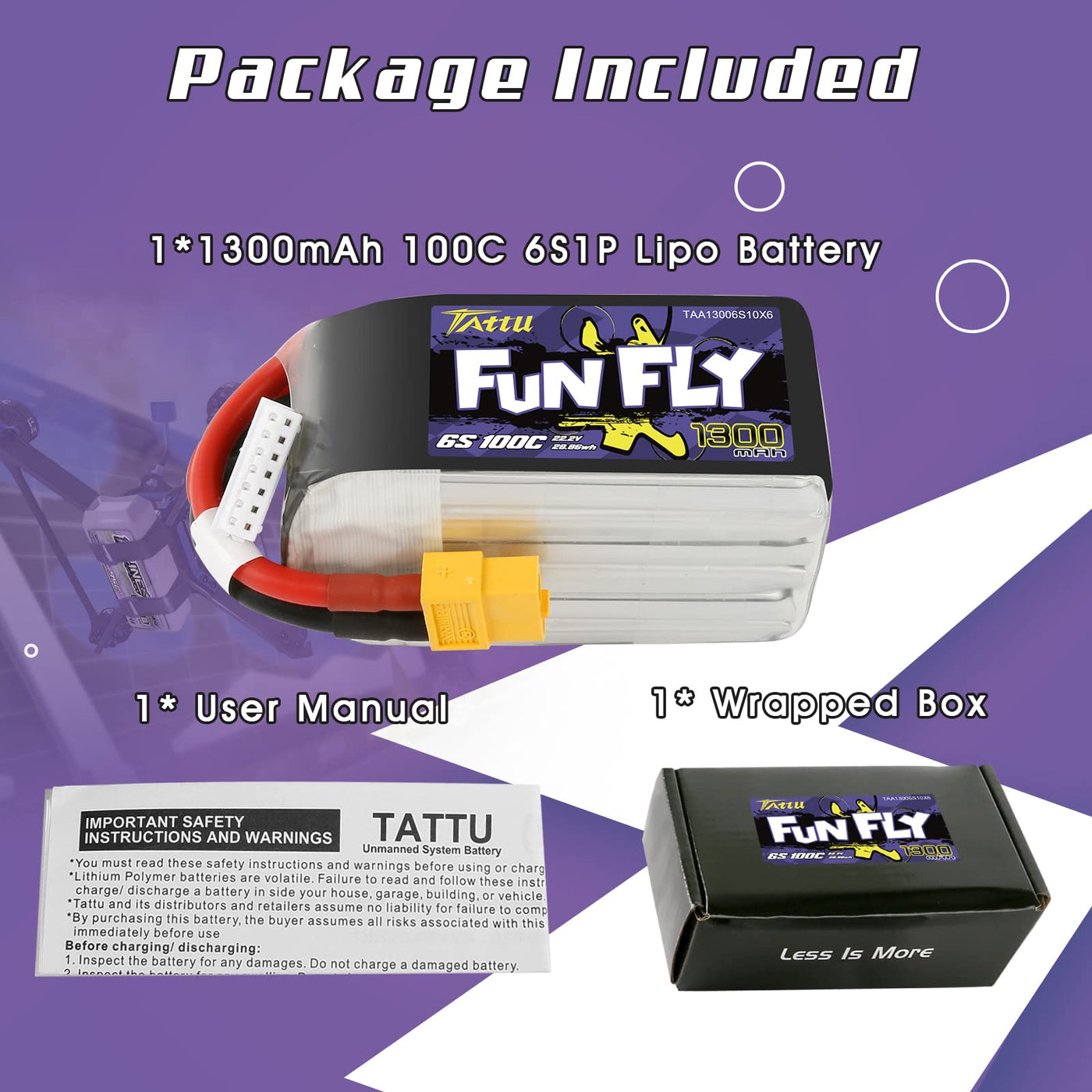 Tattu Lipo 6S Akku 1300mAh 22,2V 100C Lipo Akku Funfly mit XT60 Anschluss für UAV Drone FPV Race RC Quadcopter