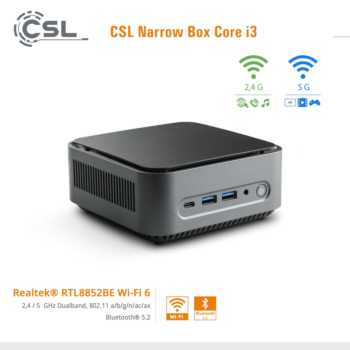 Mini PC CSL Narrow Box Core i3 Windows 11 Pro, Intel Core i3-N305 8X 3800 MHz Turbotakt, 1000 GB M.2 SSD, 16 GB DDR4-RAM, Intel UHD Grafik, HDMI 2, USB 3.2, BT 5.2, DisplayPort, Dual WLAN