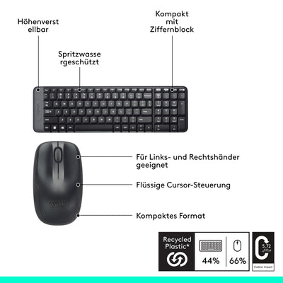 Logitech MK220 Kompaktes, Kabelloses Set mit Tastatur und Maus für Windows, US QWERTY-Layout - Schwarz