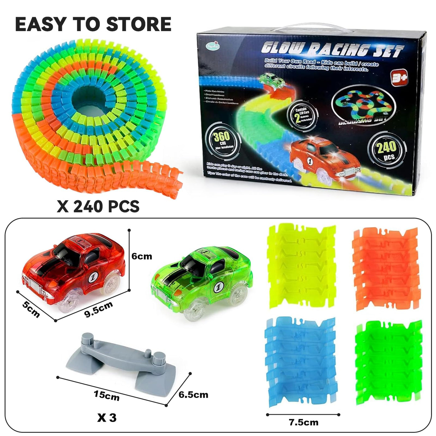 Fajiabao Autorennbahn Spielzeug ab 3 Jahre Junge - 240 Stück Flexible Rennbahn mit 2 Leucht Auto Spielzeug Rennbahn Kinder 3 Jahre Kinderspielzeug Rennbahnen Geschenk Junge 3 4 5 Jahre Mädchen