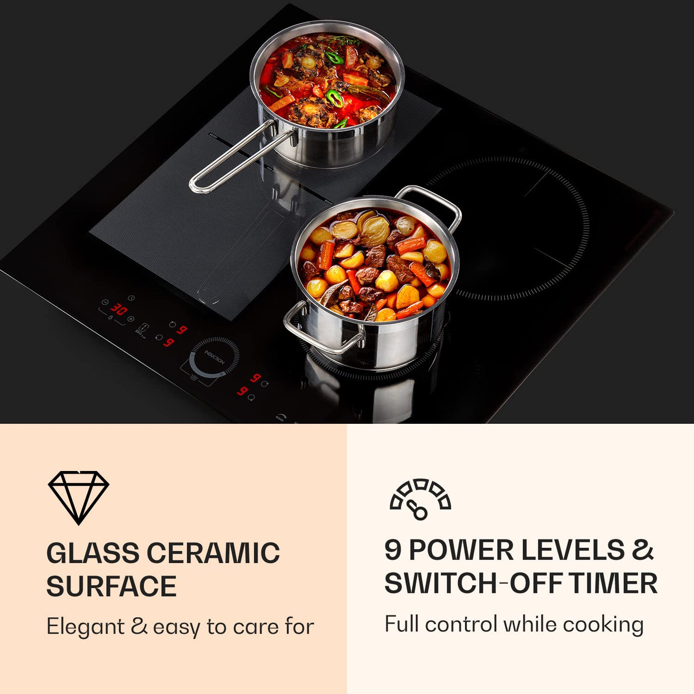 Klarstein Induktionskochfeld, Glaskeramik Kochfeld, mit 4 Platten, Einbau- mit Touch-Display, Digitalanzeige und Timer-Funktion, Schnelles Aufheizen, 7000 Watt