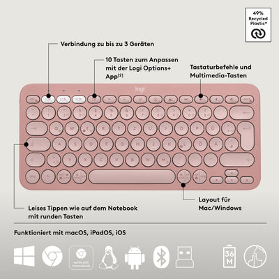 Logitech Pebble 2 Combo, kabellose Tastatur und Maus, leise und mobil, anpassbar, Logi Bolt, Bluetooth, Easy-Switch für Windows, macOS, iPadOS, Chrome - Deutsches QWERTZ-Layout, Rosa