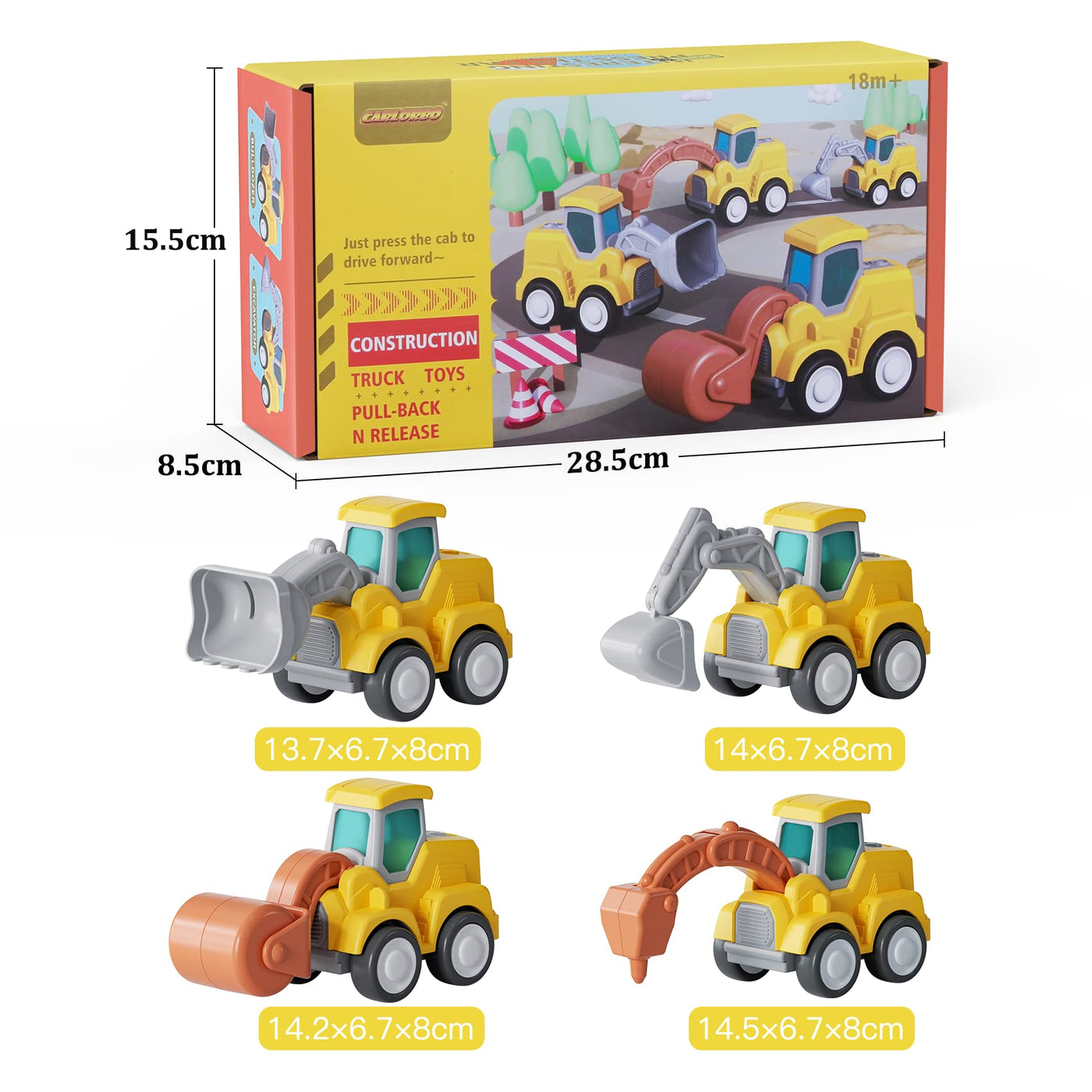 CARLORBO Auto Spielzeug Traktor Bagger Kinder 2 Jahre - Baufahrzeuge kinderspielzeug ab 18 Monate 3 Jahre Drücken und Losfahren Sandspielzeug Geschenk für Junge Mädchen (4 pcs)