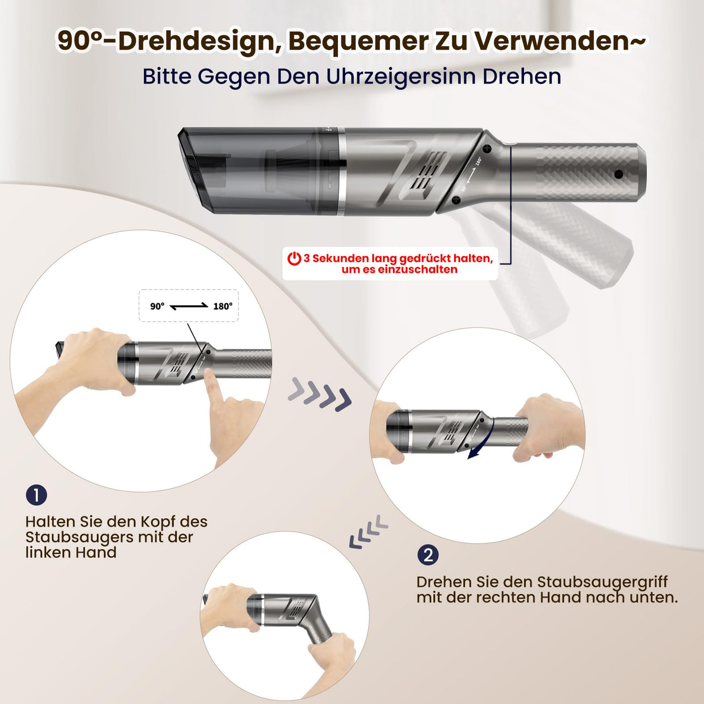 MZGO Handstaubsauger, 12000 Pa leistungsstarker Autostaubsauger, Leichter Mini-Handstaubsauger mit drehbarem Griff, Starke Zyklonsaugung für die Reinigung von Autos, Treppen, Sofas und Ecken.