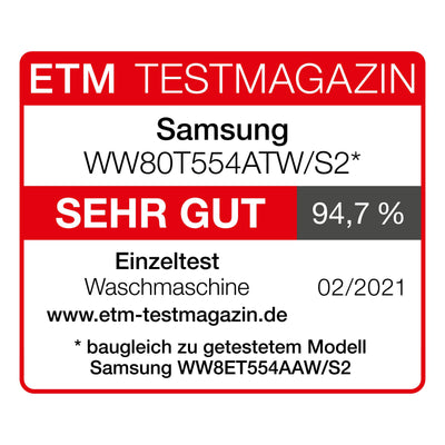 Samsung WW80T554ATW/S2 Waschmaschine, 8 kg, 1400 U/min, Ecobubble, AddWash, WiFi-SmartControl, Hygiene-Dampfprogramm, Weiß