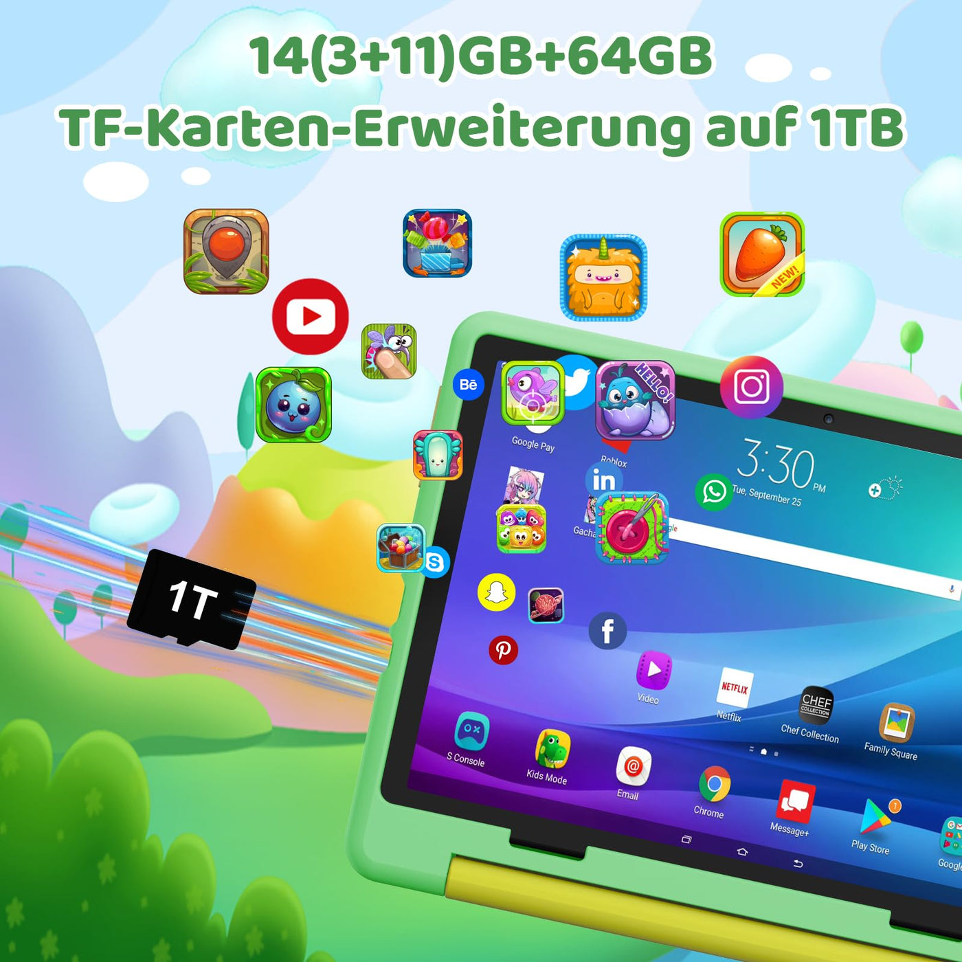 Ainmel Android 14 Kinder Tablet, Octa-Core Prozessor Tablet für Kinder, 14GB+64GB, 5000mAh, Kindersicherung, WiFi 6, Bluetooth 5.3, kindersicheres Gehäuse (grün)