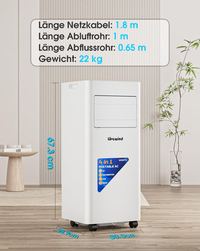 Lovewind Mobiles Klimagerät 9000 BTU (Eco R290), Leise 52 dB, Tragbare Klimaanlage mit Fernbedienung, 4-in-1 Kühlung, Entfeuchtung, Belüftung und Schlafen, IPX1 für Innenräume Büro