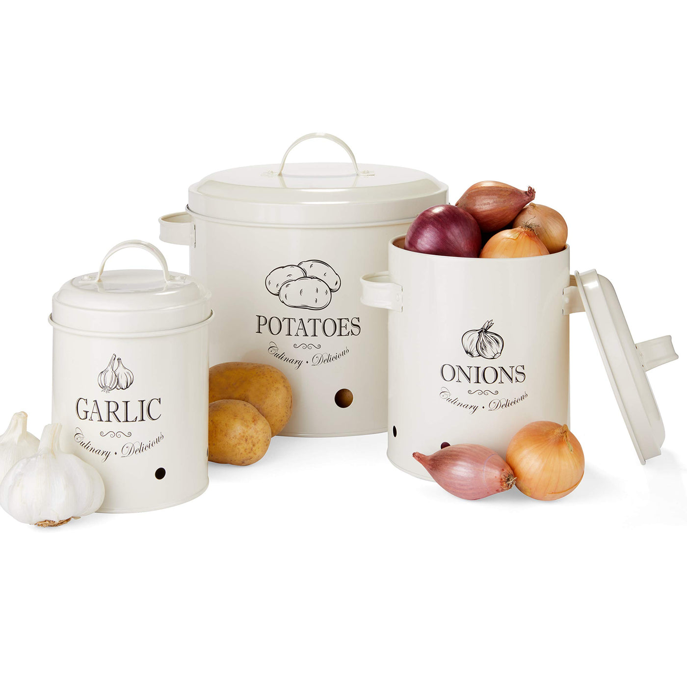 HIKITCHEN® Vorratsbehälter-Set für länger frisches Gemüse (creme weiß) - Stilvolle Kartoffel-, Knoblauch- und Zwiebel-box/topf - Gemüsebehälter