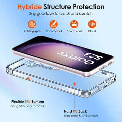 ivoler 3-in-1 Case for Samsung Galaxy S23 5G, 1 Mobile Phone Case with 2 Tempered Glass Screen Protectors, Never Yellowing, Military Protection, Camera Protection, Thin Transparent, Shockproof,