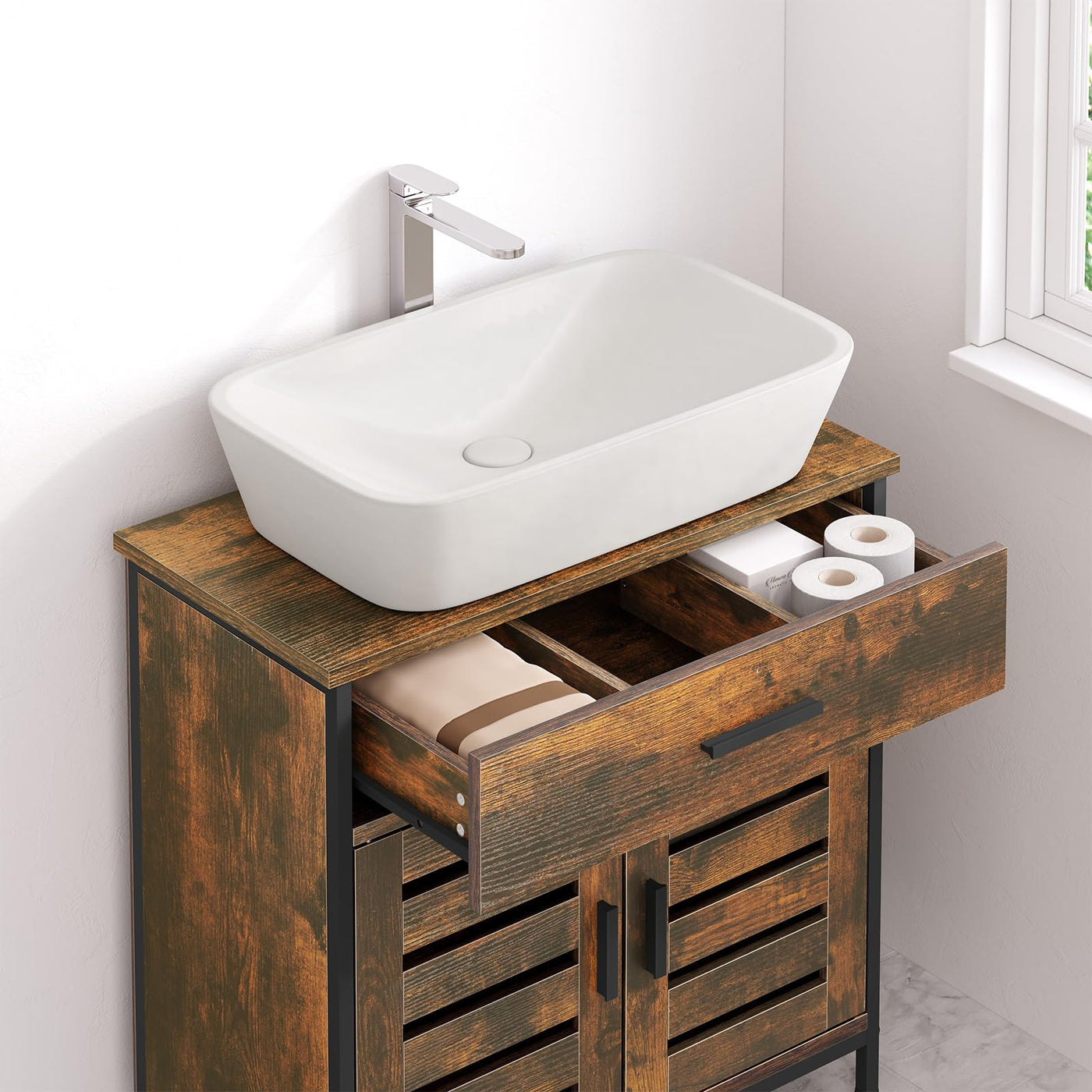 EUGAD Waschbeckenunterschrank, Badezimmer Unterschrank Waschbecken, Badezimmerschrank mit Schublade, 2 Türen, verstellbare Ablage, freistehend, 60x60x30 cm, Rustikles Braun