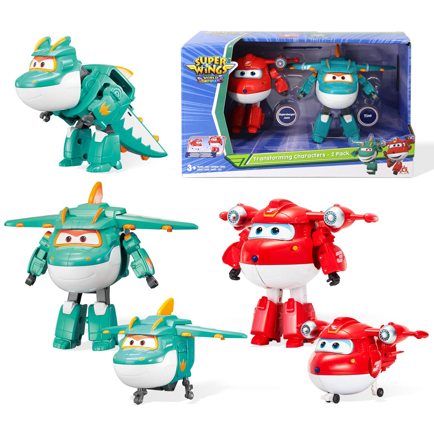 Super Wings 5" Transforming Characters 2-Pack Transforming Supercharged Jett + Tino, Transformer Spielzeug für 3+ Jahre Alten Jungen Mädchen, Rot