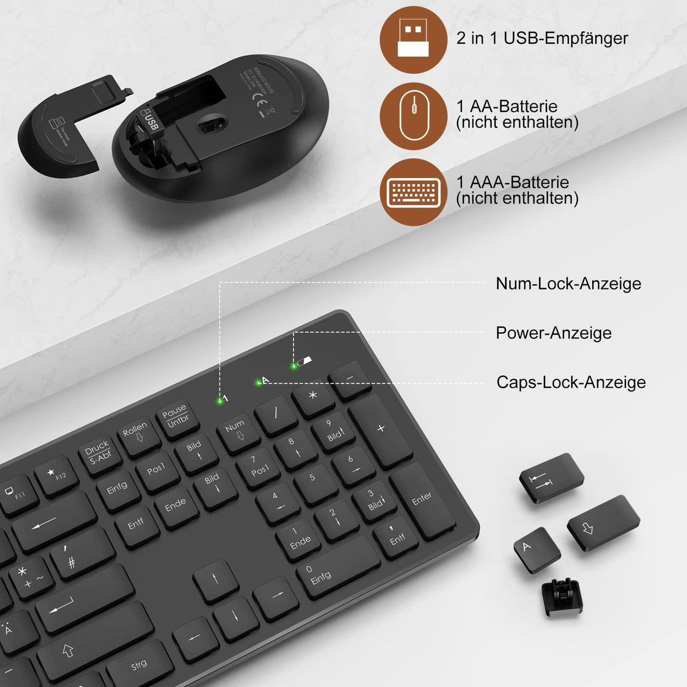 Tastatur Maus Set Kabellos, 2,4GHz Kabellose Tastatur und Maus, Funktastatur in Standardgröße mit Ziffernblock, 1600DIP Ergonomische Maus, für Windows/PC/Laptop/Computer - QWERTZ, Schwarz