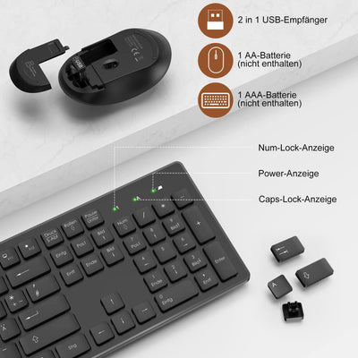 Tastatur Maus Set Kabellos, 2,4GHz Kabellose Tastatur und Maus, Funktastatur in Standardgröße mit Ziffernblock, 1600DIP Ergonomische Maus, für Windows/PC/Laptop/Computer - QWERTZ, Schwarz