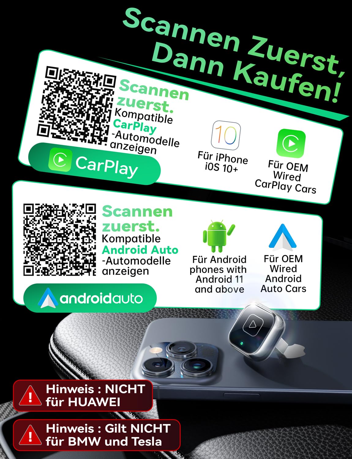 Mavlou Wireless Carplay & Android Auto Adapter, Metalldesign Mini & Stabiler 2-in-1-Dongle, Convert Wired CarPlay/Android Auto zu Wireless, für iOS 10+/Android 11+ & Autos ab 2016 (Schwarz)