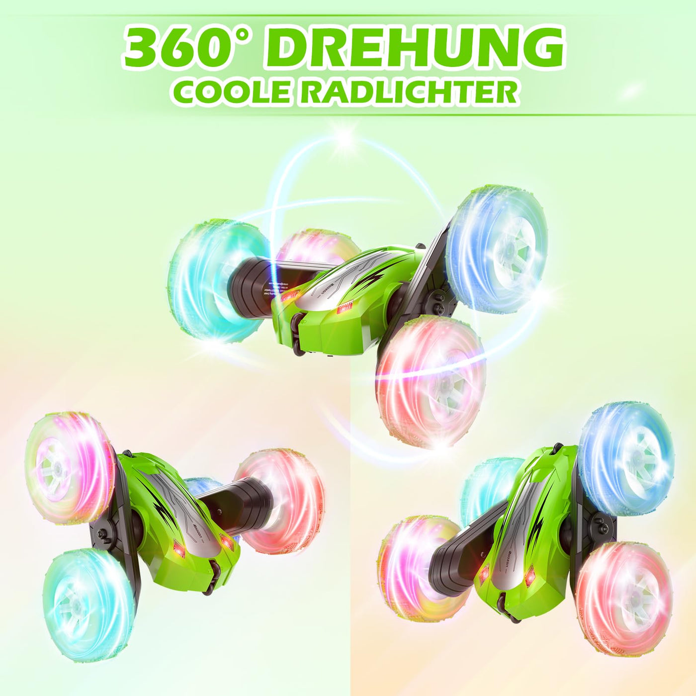 Rodzon Ferngesteuertes Auto 3 4 5 6 7 8 9 Jahre Spiele LED Blinken RC Auto Spielzeug Jungen Mädchen Geschenke Kinder Toy 2.4Ghz 4WD 360° Flipper Drift RC Car mit 2 Aufladbarer Batterien (Grün)