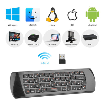 Rii Air Mouse mit 6 Axis Gyroskop, Tastatur Maus Set Kabellos ist Wiederaufladbar, Universalfernbedienung für HTPC/TV Box, PC Fernbedienung mit IR-Lernfunktion, QWERTZ, 2.4GHz, Schwarz