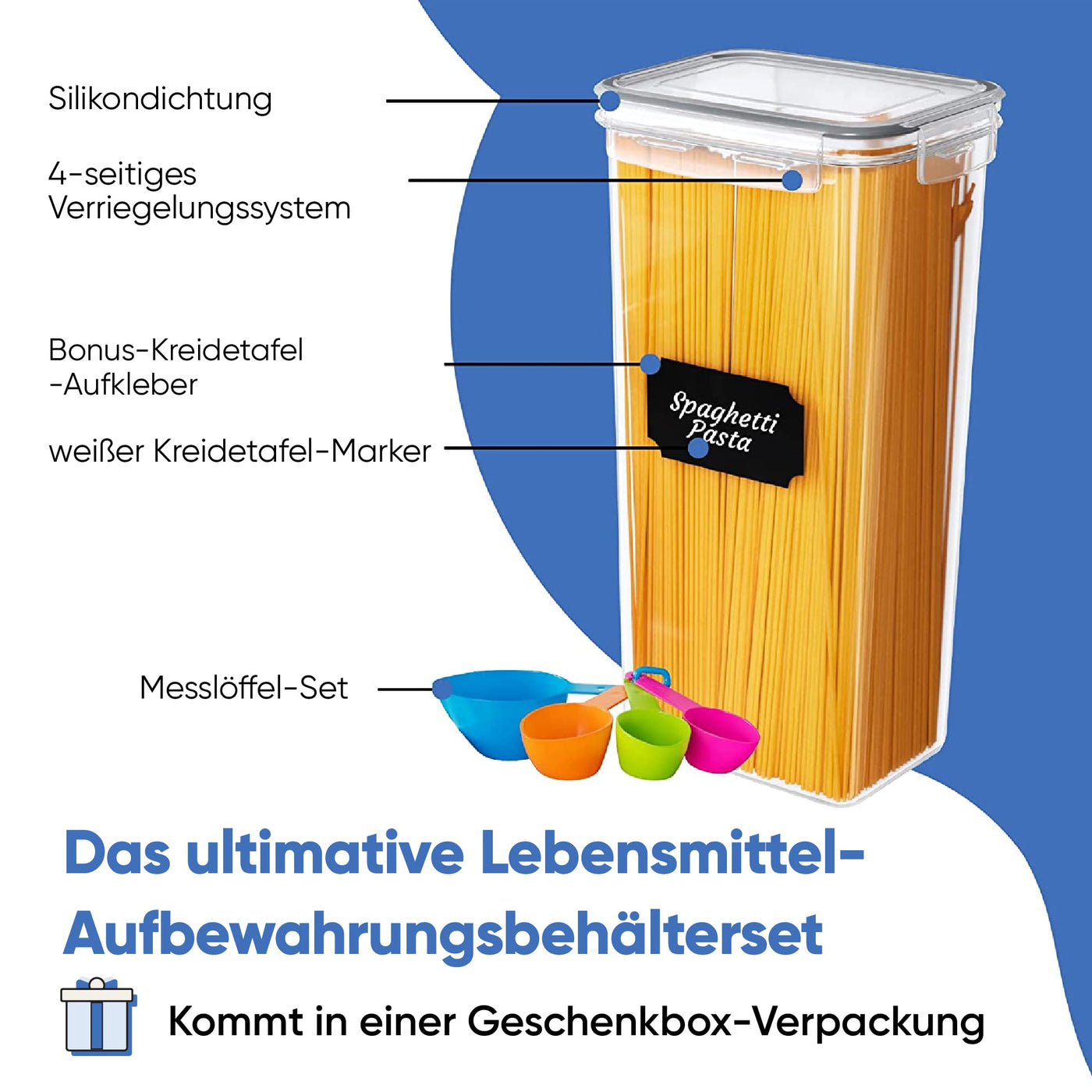 Luftdichtes Frischhaltedosen-Set, 24-teilig, Küchen- und Speisekammer-Organisation, BPA-frei, Kunststoffdosen mit robusten Deckeln, ideal für Müsli, Mehl und Zucker, Etiketten, Marker und Löffel-Set