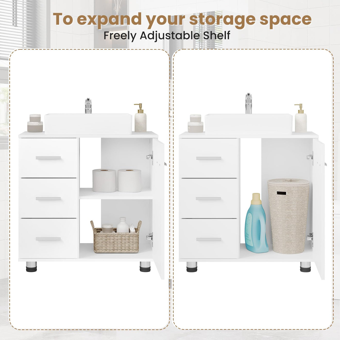 EUGAD Waschbeckenunterschrank, Badezimmerschrank mit 3 Schubladen, 2 Fächer hinter Tür, verstellbare Ablage, Badezimmer Unterschrank, Waschtischunterschrank weiß, 60x59,5x30 cm