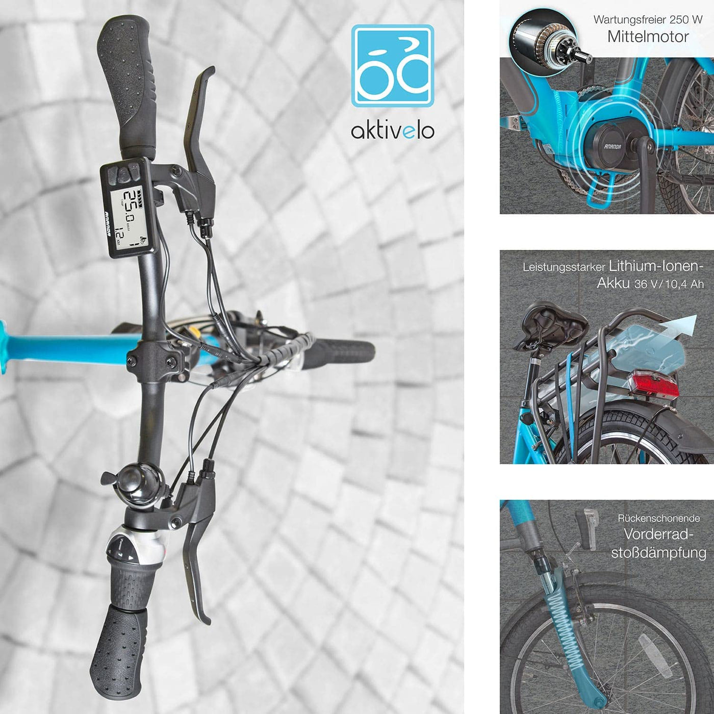 aktivelo E-Bike Klapprad 20 Zoll, Elektrofahrrad klappbar, Faltrad, E Bike Herren, E Bike Damen, 250W Ananda Mittelmotor, 36V/10,4Ah Lithium-Ionen-Akku,7-Gang, Schiebehilfe