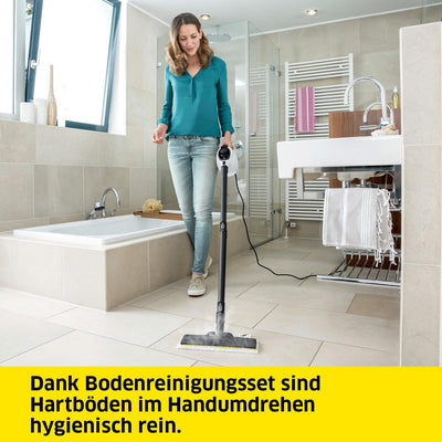 Kärcher Dampfreiniger SC 1 EasyFix, Dampfdruck: 3 bar, Aufheizzeit: 3 min., Leistung: 1.200 W, Flächenleistung: 20 m², Tank: 200 ml, mit Bodenreinigungsset EasyFix, Düsen und Mikrofaserbezug, Weiss