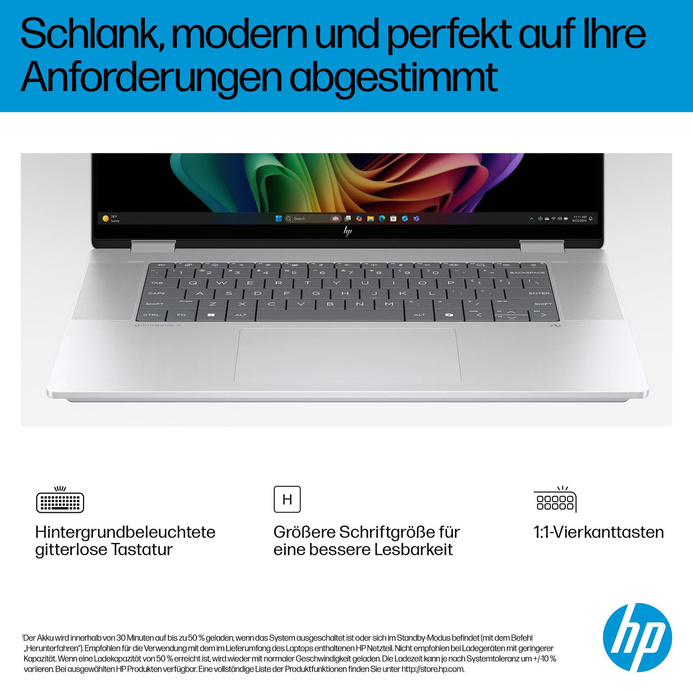 HP OmniBook X Flip 2in1 Next Gen AI Laptop | Intel Ultra 5-226V (8C) | dedizierte NPU für KI | 40 NPU Tops | Copilot+ PC | 16" WUXGA 1920x1200 Touchscreen | 16GB | 512GB SSD | Win11 | QWERTZ | Silber