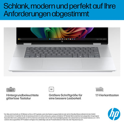 HP OmniBook X Flip 2in1 Next Gen AI Laptop | Intel Ultra 5-226V (8C) | dedizierte NPU für KI | 40 NPU Tops | Copilot+ PC | 16" WUXGA 1920x1200 Touchscreen | 16GB | 512GB SSD | Win11 | QWERTZ | Silber