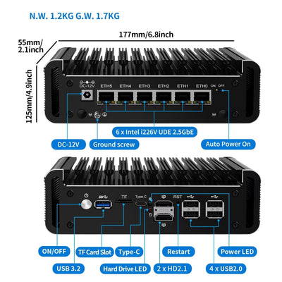 Glovary Firewall Mini PC Quad Core N100, DDR5 8GB RAM 128GB NVMe SSD, 6 x 2.5GbE i226V LAN Fanless Computer Hardware, Micro Router Appliance, AES-NI, OPNsense, TypeC Port, TF Card Slot