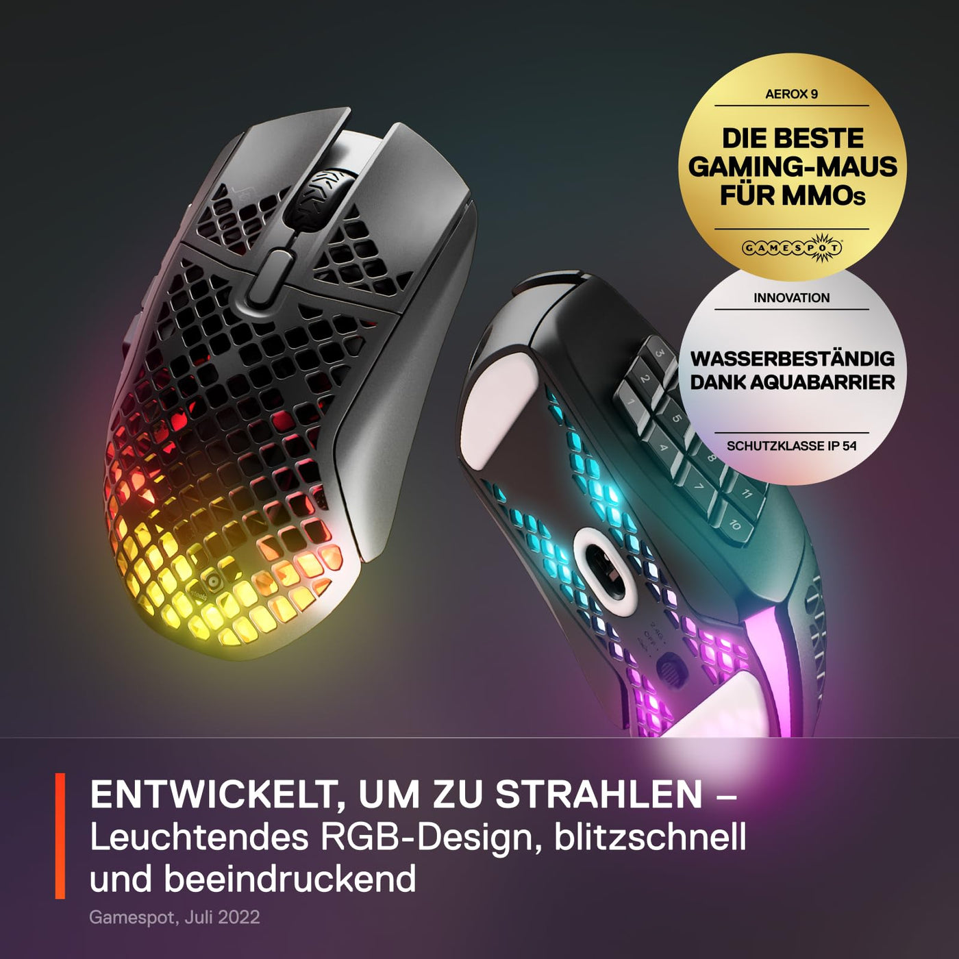 SteelSeries Aerox 9 Wireless - RGB Gaming-Mouse mit Öffnungen in der Oberfläche - Federleichtes, wasserabweisendes Design - 18 Tasten - Bluetooth/2,4 GHz – Optischer TrueMove Air-Sensor mit 18.000 DPI