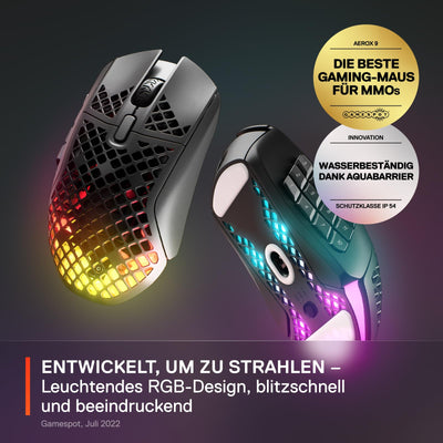 SteelSeries Aerox 9 Wireless - RGB Gaming-Mouse mit Öffnungen in der Oberfläche - Federleichtes, wasserabweisendes Design - 18 Tasten - Bluetooth/2,4 GHz – Optischer TrueMove Air-Sensor mit 18.000 DPI