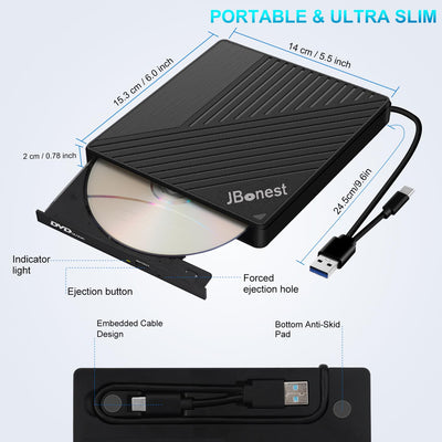 JBonest Externes CD DVD Laufwerk USB 3.0 Typ-C, Extern mit SD/TF-Kartenleser Portable DVD RW Brenner,Schnelle Datenübertragung für Laptop,Desktop,MacBook,Win11/10/8/7/XP, Linux,Mac OS,Vista
