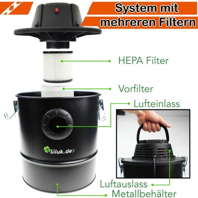Aschesauger 1200W Kaminsauger 18L DUAL Filter System
