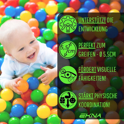 EKNA Spielbälle Ø 5,5cm - Bällebad Bälle 200 Stück - Bunte Auswahl für Bällebad-Pool - Plastikbälle Baby-Bälle Farben Hellgrün Hellblau Gelb Rosa Weiß Lila