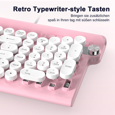 Tastatur Maus Set,RaceGT Tastatur Rosa Retro Schreibmaschine Tastatur Bunt Maus und Tastatur mit Handyhalterung Tastaturen Tastatur Kabel Keyboard für PC Mac Computer Laptop QWERTZ Deutsch
