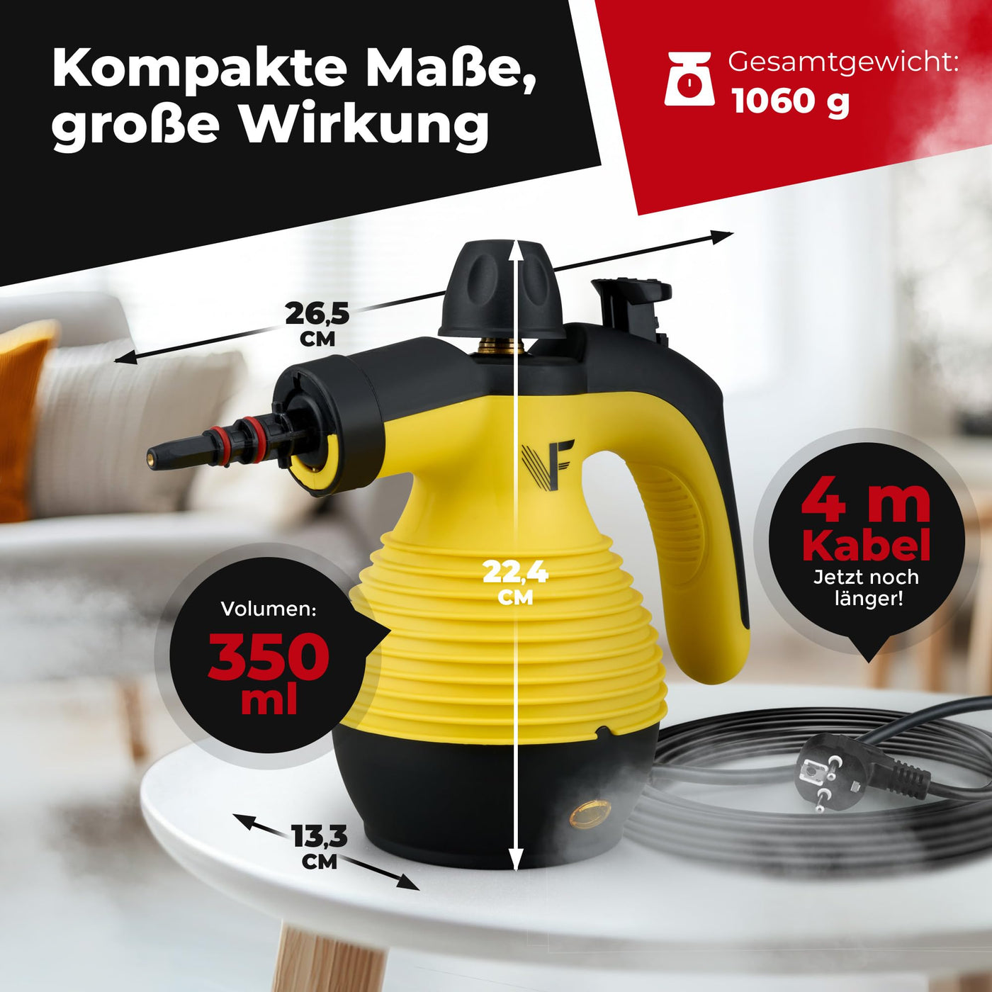 Neighbour's Friend® Dampfreiniger Handgerät mit vielen Aufsätzen 350ml Tank I Leistungsstarker Handdampfreiniger 3,5 Bar I Dampf Gerät Fenster mit Dampfregulierung