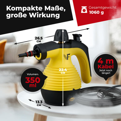 Neighbour's Friend® Dampfreiniger Handgerät mit vielen Aufsätzen 350ml Tank I Leistungsstarker Handdampfreiniger 3,5 Bar I Dampf Gerät Fenster mit Dampfregulierung