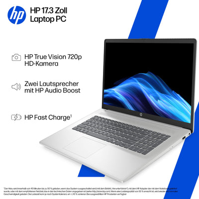 HP Laptop mit 17,3" FHD Display, Intel Core i7-1355U, 16 GB DDR4 RAM, 1 TB SSD, Intel Iris Grafik, Windows 11, QWERTZ, Silber inkl. 25 GB Dropbox-Speicher für 12 Monate