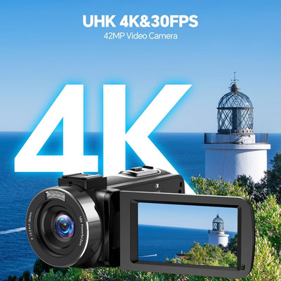 Videokamera 4K Camcorder 42MP Vlogging Kamera für YouTube 18X Digitalzoom 3.0'' Bildschirm um 270° drehbar Webcam Kamera mit 2 Akkus, 32 GB-Karte, Fernbe