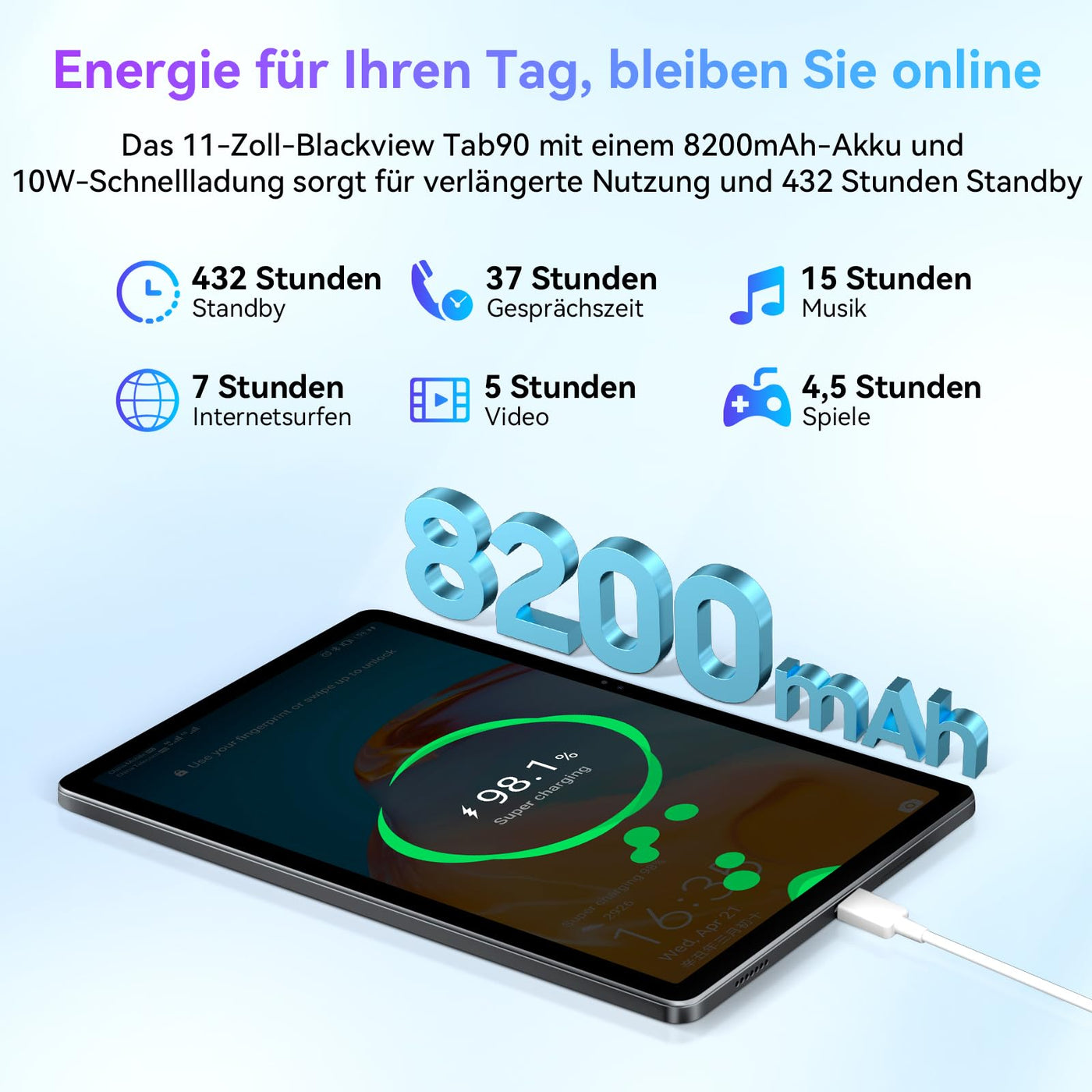 Blackview Tablet 11 Zoll Tab90 Android Gaming Tablet 4G LTE+5G WLAN 24GB(8+16) RAM 128GB ROM (2TB TF) 8200mAh 5MP+13MP Unisoc Tablets Octa-Core, Face ID/GMS/GPS/3.5MM Kopfhörerbuchse/BT5/Widevine L1